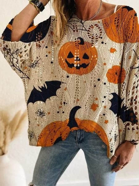 Cross-Border Amazon Autumn and Winter New Round-Neck Pumpkin Women's Long-Sleeved Versatile Loose Casual Hollow Sweater Pullover