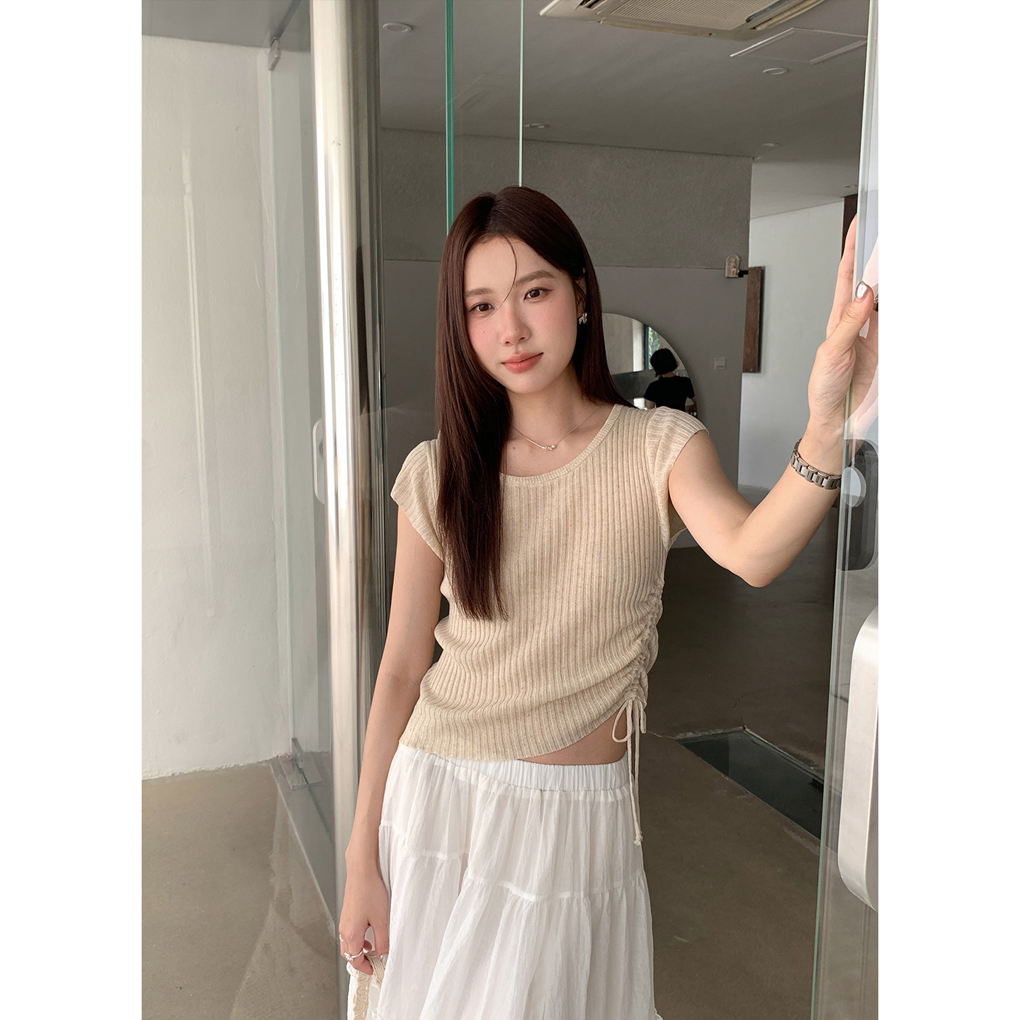 Yier Shirt Heartbeat Unnie Korean Style Raglan Sleeve Striped Simple Round Neck Textured T-Shirt for Women Korean Style Ye090