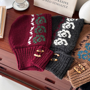 Fairisland Style Knitted Wool Hat Women's Winter New Vintage Balaclava Hat Scarf All-in-One Fashion All-Match
