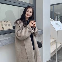 连帽双面羊毛大衣女中长款2025新款韩版通勤宽松系带显瘦毛呢外套