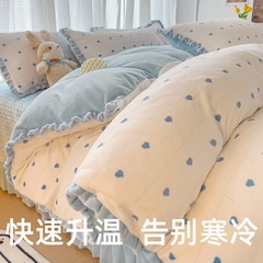 厚い牛乳の絨毛のベッドの上の4つのセットのフランジサンゴの絨毛のベッドの蓋の冬の両面の絨毛のベッドの蓋の3つのセット