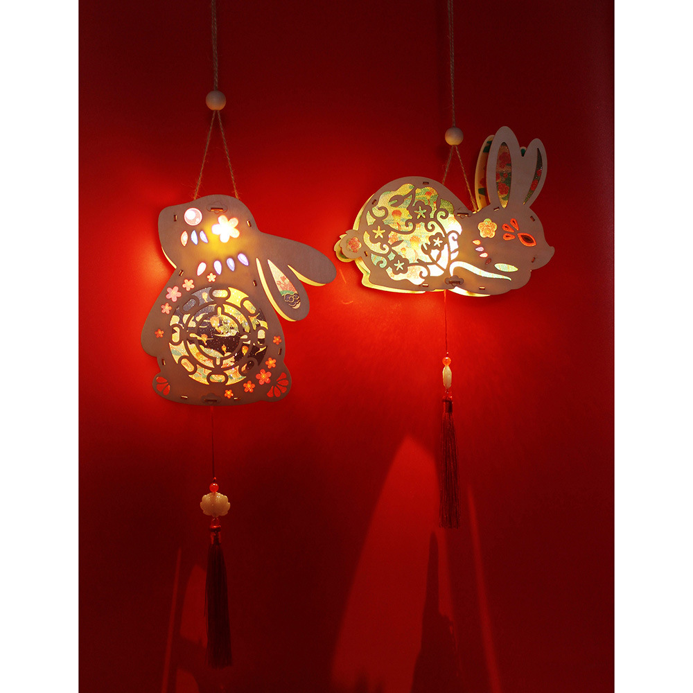 New wooden creative rabbit year cute rabbit New Year portable lantern Lantern Children DIY handmade materials