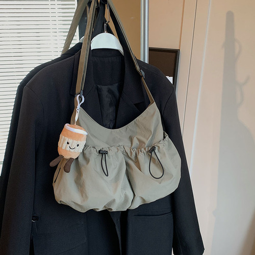 Work style crossbody bag women's trendy brand ins solid color simple drawstring bucket bag large capacity student casual shoulder bag