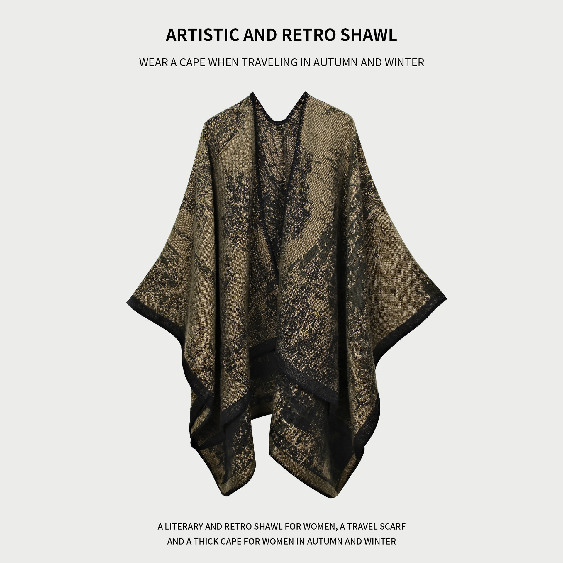 Autumn and Winter Retro Green Jacquard Large Shawl for Women Travel Outer Imitation Cashmere Ethnic Style Slit Thickeneded Warm Large Cloak