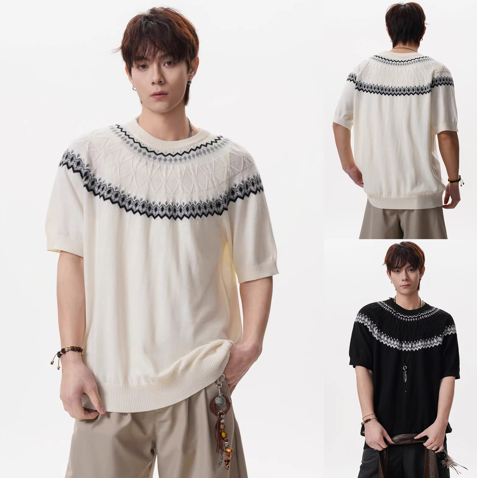 Camiseta de punto de cuello redondo Jacquard hombre de verano fábrica de hielo al por mayor camiseta de manga corta