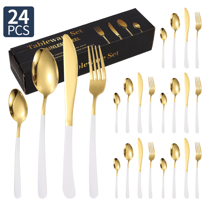 Spoon Juego de vajilla de acero inoxidable transfronterizo al por mayor de 24 piezas para el hogar elegante comida occidental Cuchillo, tenedor, cuchara, necesidades diarias