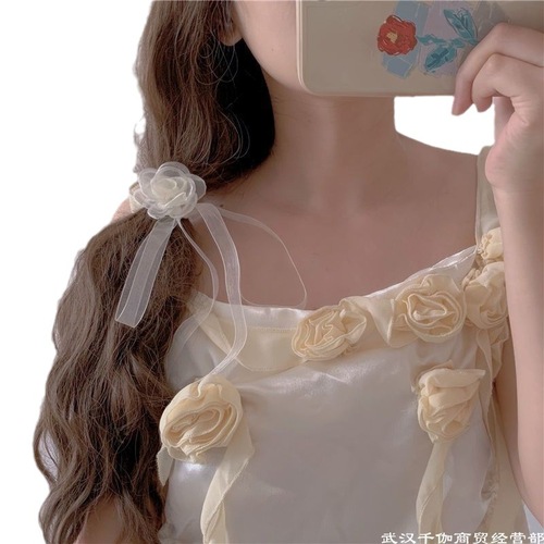 Wrist flower lace camellia streamer fairy hair band tied with hair braided ribbon French forest style retro hair tie headdress