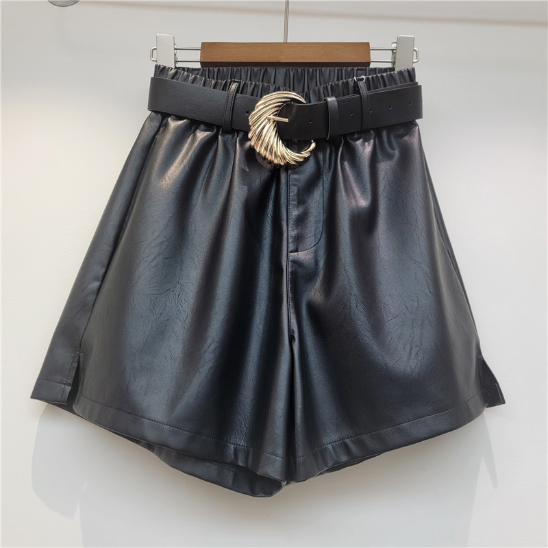 Pantalones Cortos A-Line de Cuero PU de Cintura Alta para Mujer