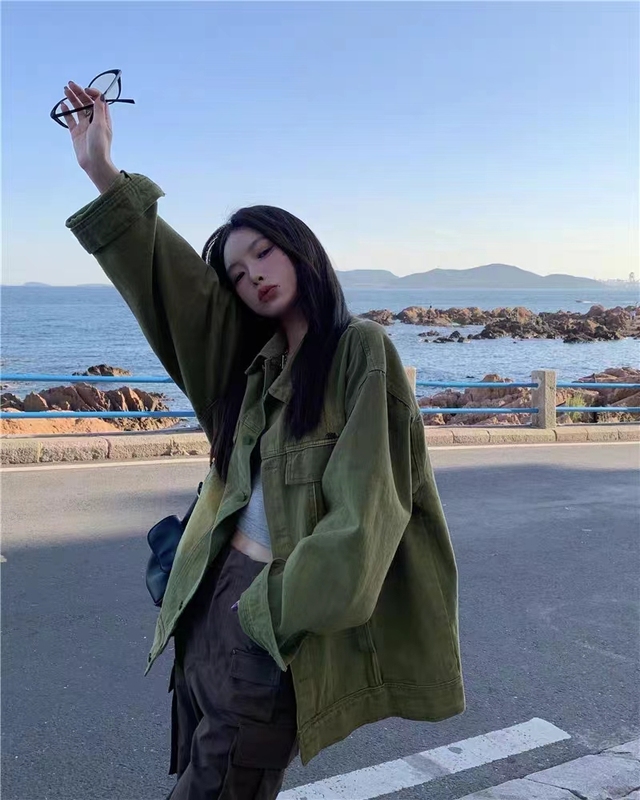 高级感POLO领绿色长袖牛仔外套女春秋冬大码美式复古宽松夹克开衫|undefined