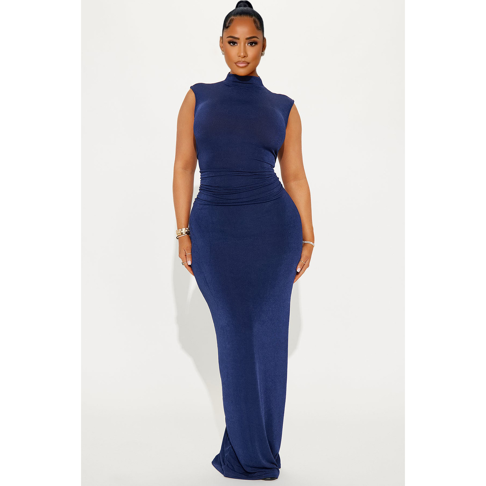 Women Clothing Goods Half Turtleneck Pleated Waist Slimming Sleeveless High Elastic Maxi Dress