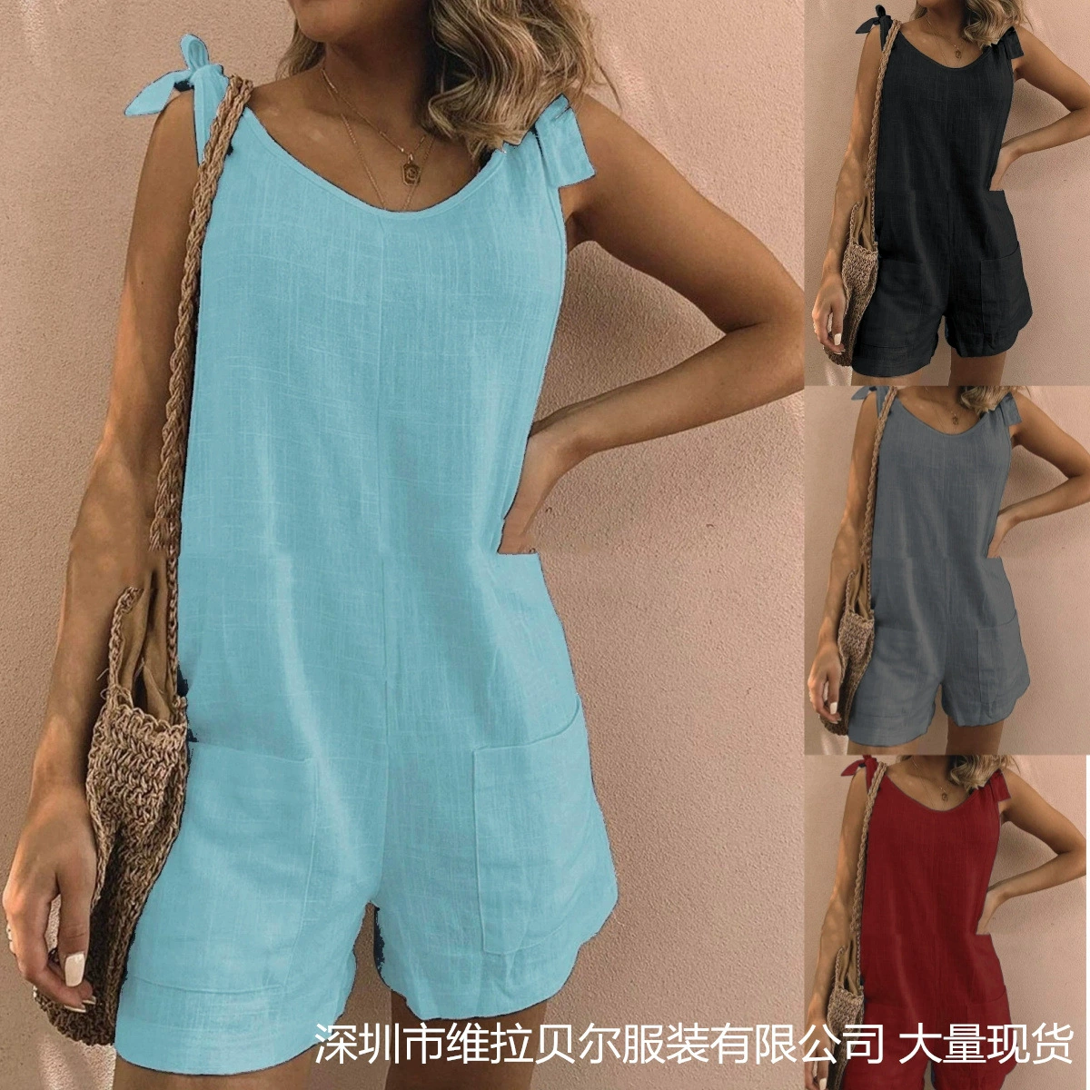 Большое количество на складе в Европе и США трансграничных женских подтяжек Amazon, бамбукового хлопка и льна, свободного комбинезона без рукавов с карманами
