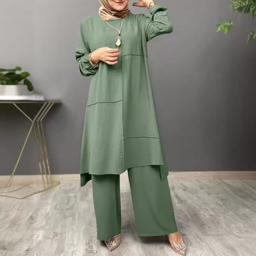 Muslim Women's Urban Sportswear Two-Piece Set Elegant Bubbling Sleeve Shirt Loose Fashion Wide Leg Pants Set