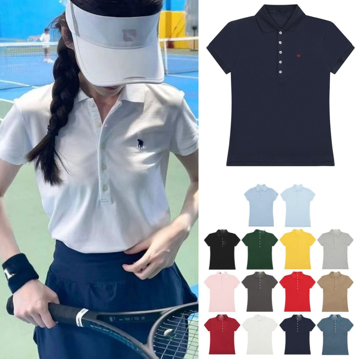 rl Ralph Pony Embroidery Lapel Five-Button Women's T-Shirt Sports Cotton Top Shirt Collar 3D Elegant Commuter