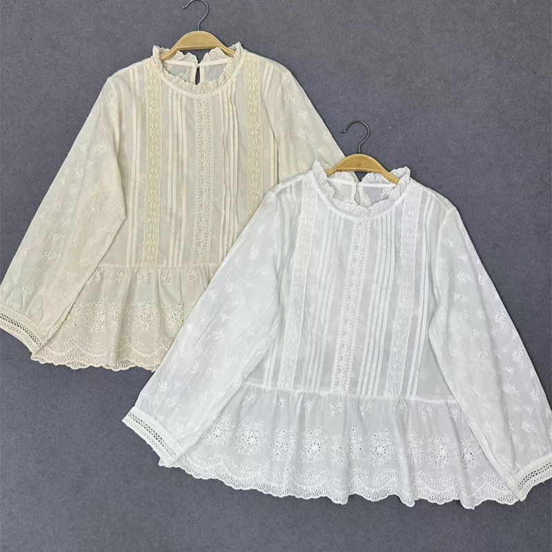 2024 New Style Mori Girl Style Full Embroidered Lace Round Neck Doll Shirt Top Loose Cotton Long Sleeve Pullover Shirt