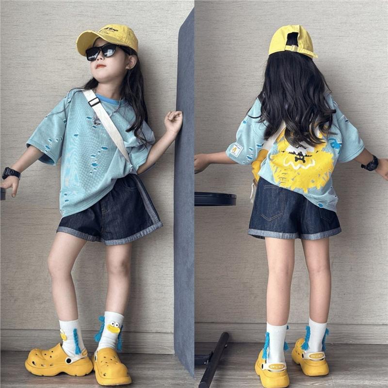 女童夏季套装2025新款韩版潮流破洞短袖T恤中大童宽松牛仔短裤潮
