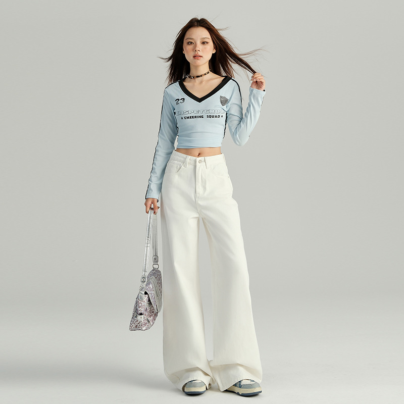 Jean blanc taille haute à jambes larges et amples pour femme, couvrant les hanches et amincissant, coupe droite, opaque, style printemps-automne_voghion.com
