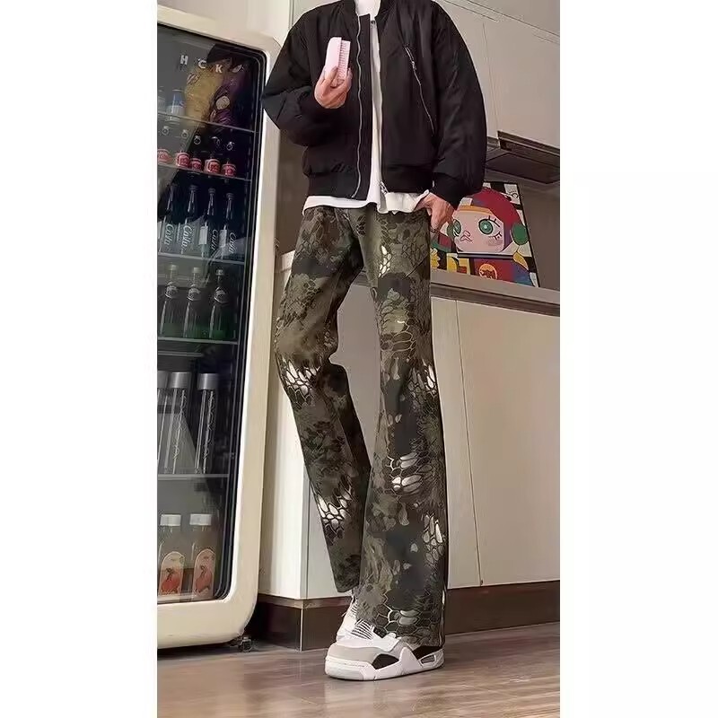 High Street Camouflage Bootcut Jeans for Men, Spring and Summer Trendy American Style Handsome High-End Straight Pants for Men High Street Camouflage Bootcut Jeans for Men, Spring and Summer Trendy American Style Handsome High-End Straight Pants for Men
