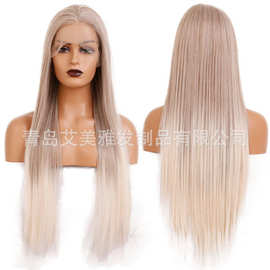 欧美外贸新款前蕾丝手勾化纤假发渐变金色长直发工厂现货一件代发