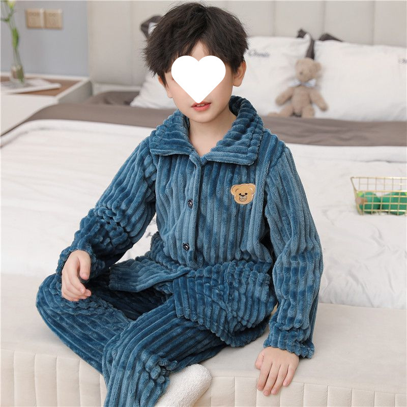 儿童法兰绒睡衣秋冬季男童女童家居服套装中大童加绒加厚女孩