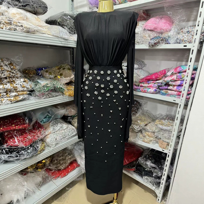Amazon Cross-Border Women's Clothing Round Neck Ruffled Edge Strapless Dress with Rhinestone Embellishments, Tight-Fitting Long Bodycon Dress Amazon Cross-Border Women's Clothing Round Neck Ruffled Edge Strapless Dress with Rhinestone Embellishments, Tight-Fitting Long Bodycon Dress