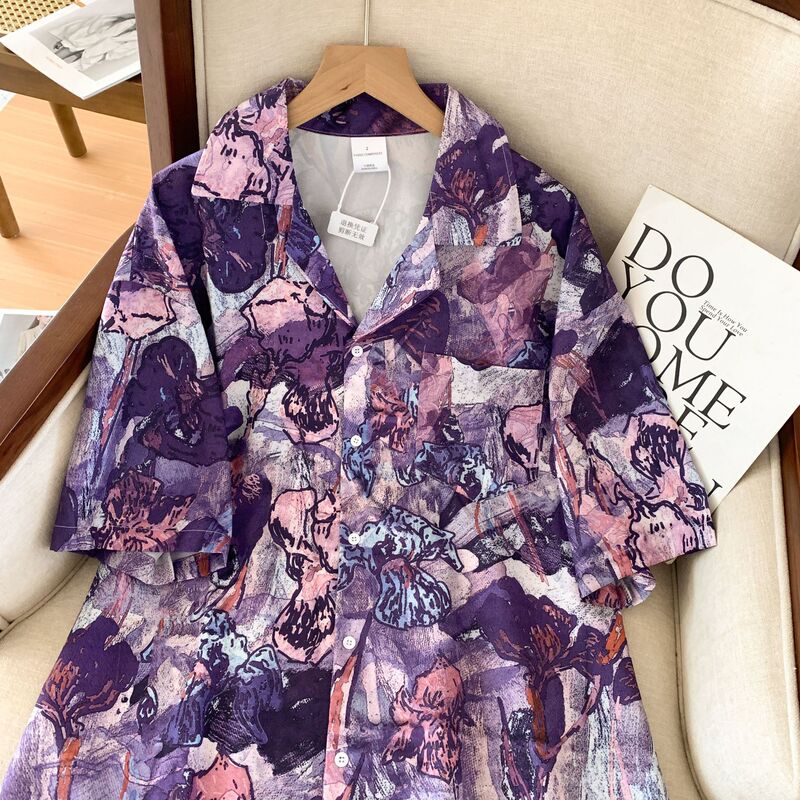 Hawaiian Port Style Printed Shirt Women's Summer Vintage Oil Painting Short Sleeve Loose Slimming Design Baroque Trendy Top