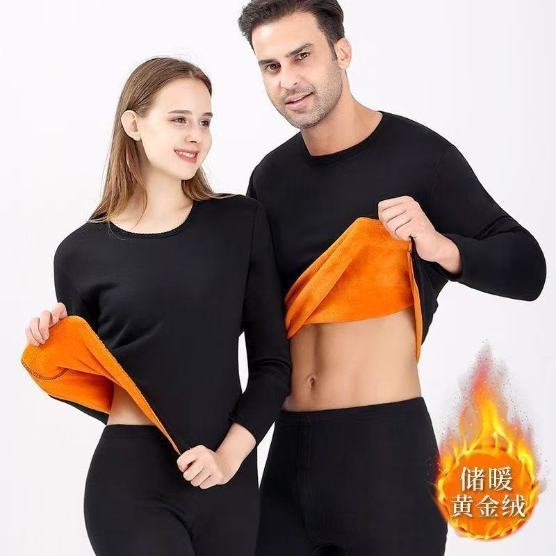 Men's Autumn and Winter Simple Gold Velvet Thermal Underwear Set, Men's Fleece-Lined Thickened Double-Layer Thermal Tops and Bottoms Cold-Proof Set