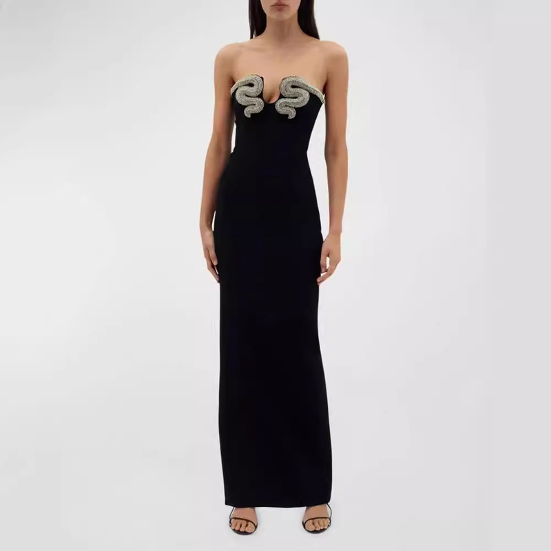 Elegant Black Off-Shoulder Diamond Sleeveless Tight Long Floor-length Bandage dress Evening Dress Women Elegant Black Off-Shoulder Diamond Sleeveless Tight Long Floor-length Bandage dress Evening Dress Women