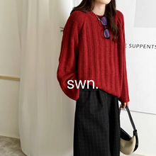 韩国东大门纯色宽松针织衫套头坑条上衣女冬季新款洋气舒适毛衣
