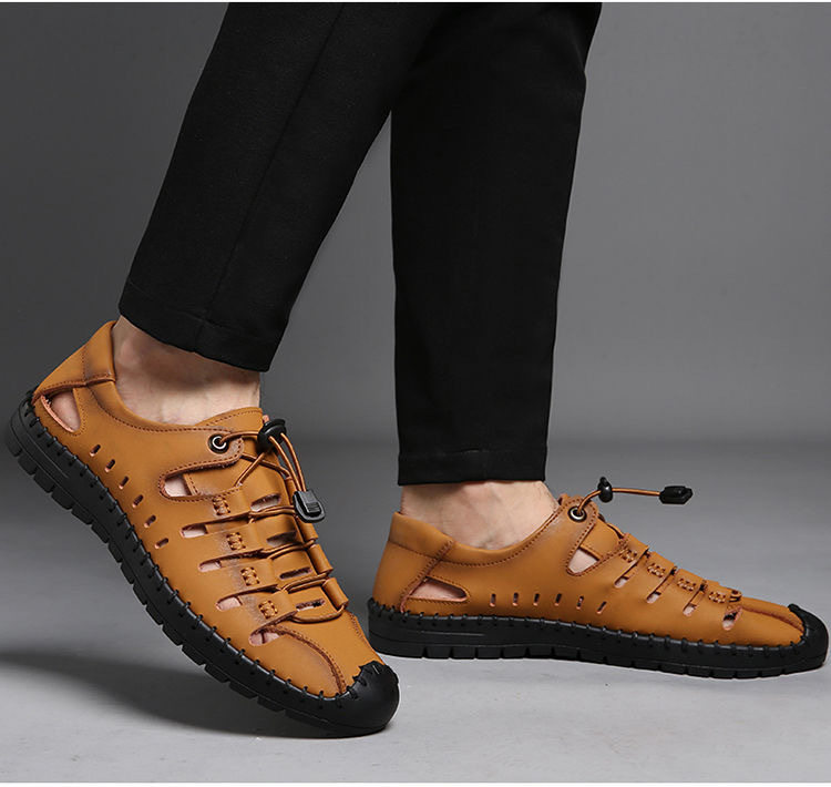 Dép sandal nam quai ngang da bò thật đế mềm thoáng khí kiểu lỗ rỗng — Màu Kaki, Màu nâu vàng, Màu đen chi tiết 15