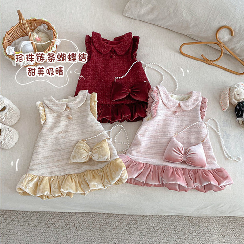 Little Girl's Fragrant Princess Dress with Butterfly Bow Accessory - 2025 New Winter Baby Korean Version Fleece Dress