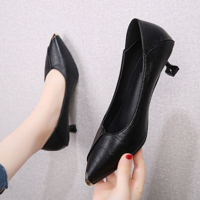 Comfortable Soft Leather Work Shoes for Women, Trendy High Heels, Thin-Heeled Single Shoes for Professional Office Wear, Versatile Black Leather Shoes