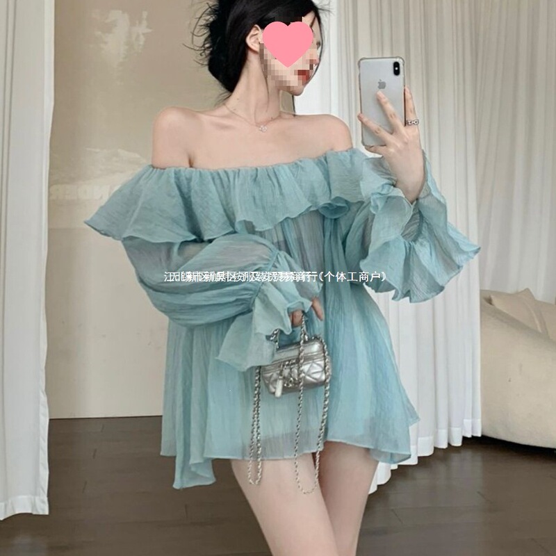 Thin Design Chiffon Shirt with Ruffled Edges and One-Shoulder Design for Women, Summer Long-Sleeved Shirt, Slimming, Loose and Lazy Top Thin Design Chiffon Shirt with Ruffled Edges and One-Shoulder Design for Women, Summer Long-Sleeved Shirt, Slimming, Loose and Lazy Top
