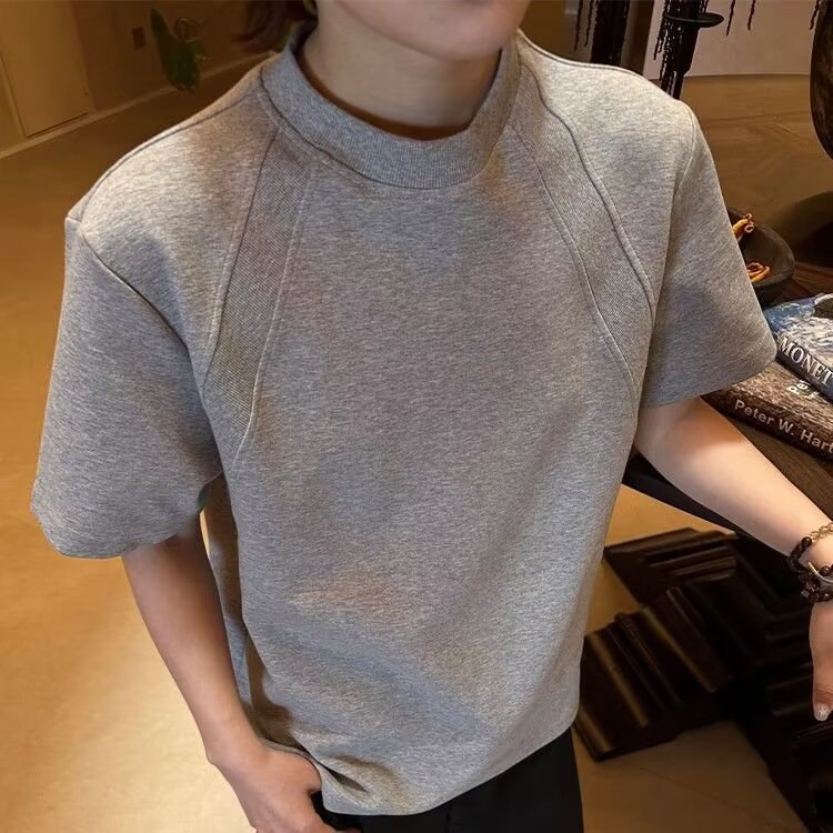 Camiseta gris pesada de costura de hilo masculina de verano boxy estilo americano de manga corta hombro 2026 nueva media manga