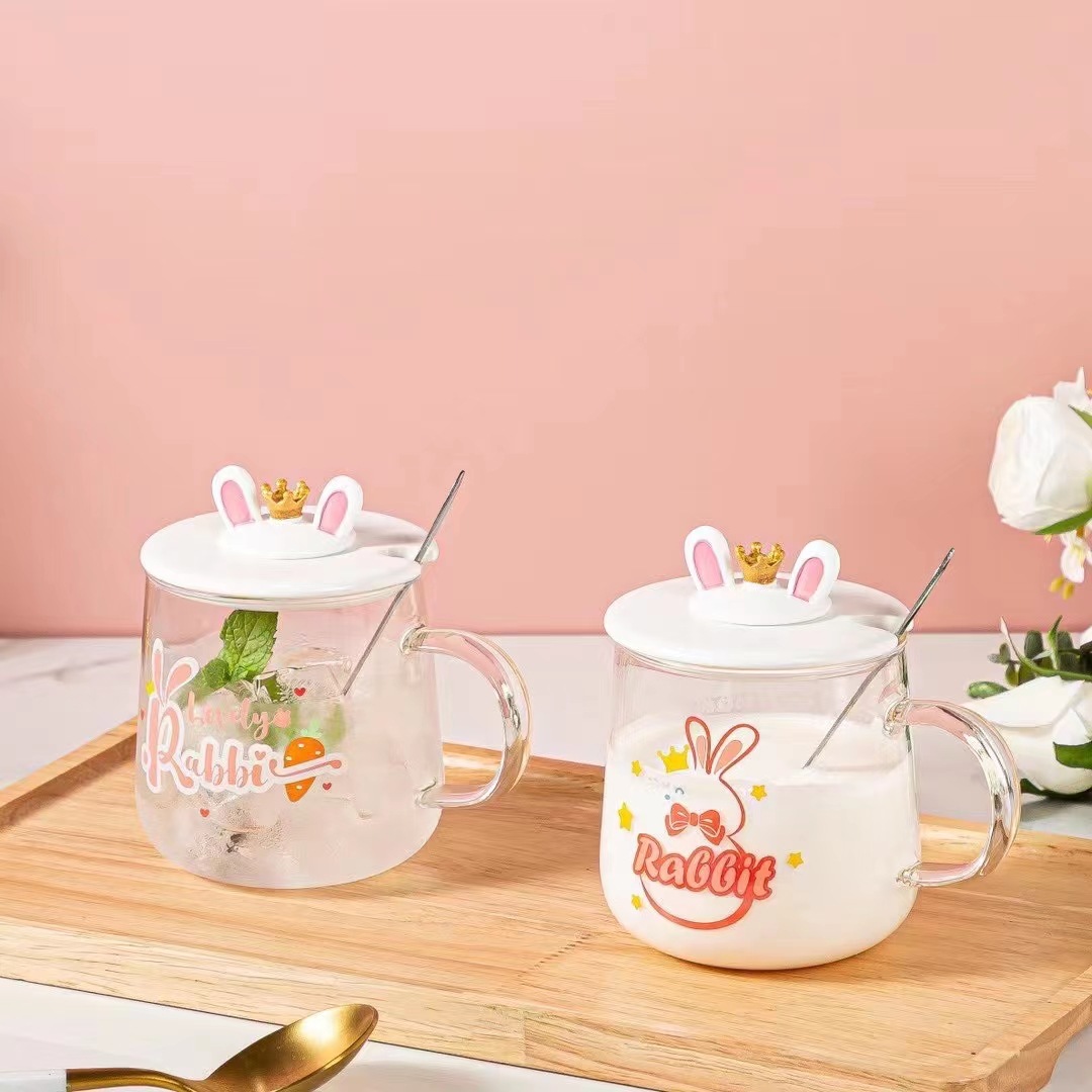 Creativo lindo corona conejo de dibujos animados taza de cristal con tapa cuchara regalo personalizado taza de agua chica corazón estudiante taza