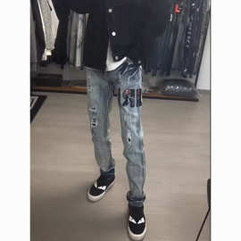破洞牛仔裤贴布刺绣男式弹力小脚裤徽章复古牛仔休闲个性修身潮牌