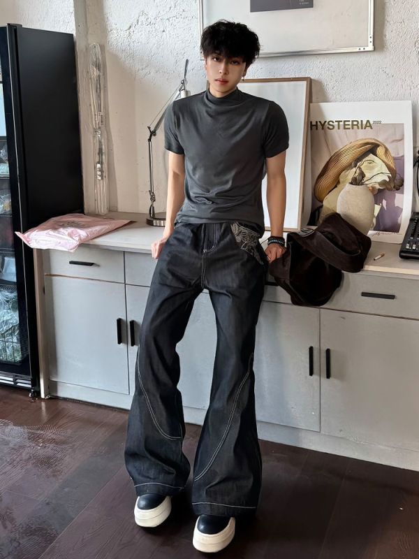 Plus-Size American Retro High-Waisted Flared Jeans for Men, Spring, Autumn, Winter, Stylish Spliced Slimming Wide-Leg Floor-Length Pants