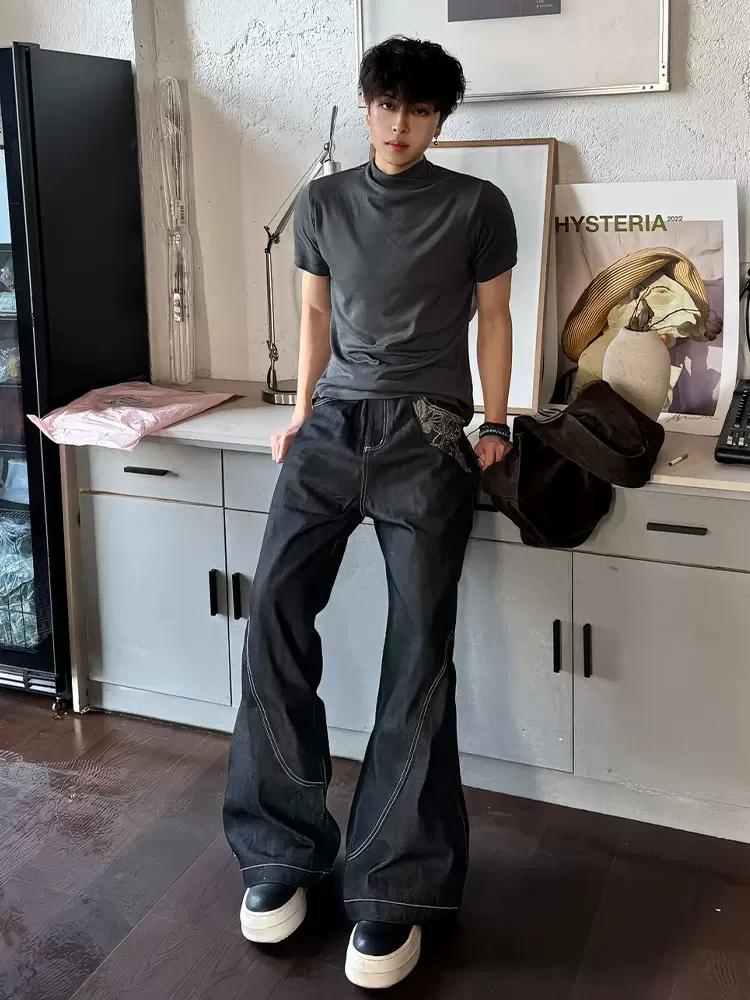 大码美式复古高腰微喇牛仔裤男春秋冬设计感拼接显瘦阔腿拖地长裤