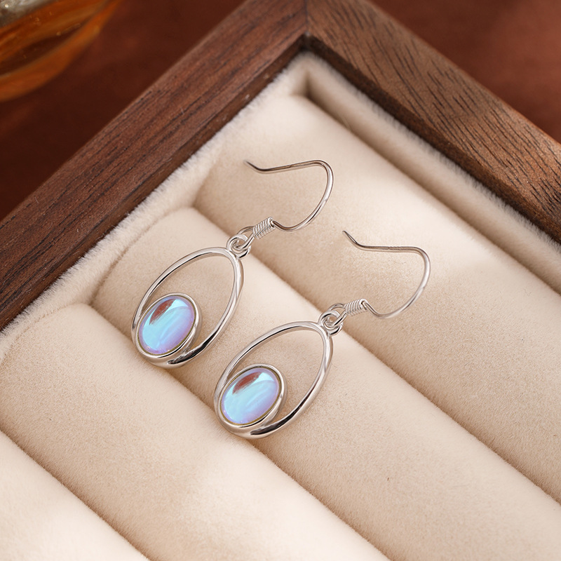 Nuevo transfronterizo de plata esterlina 925 hueco oval pendientes de piedra de luna bohemia nicho pendientes de orejas versátiles