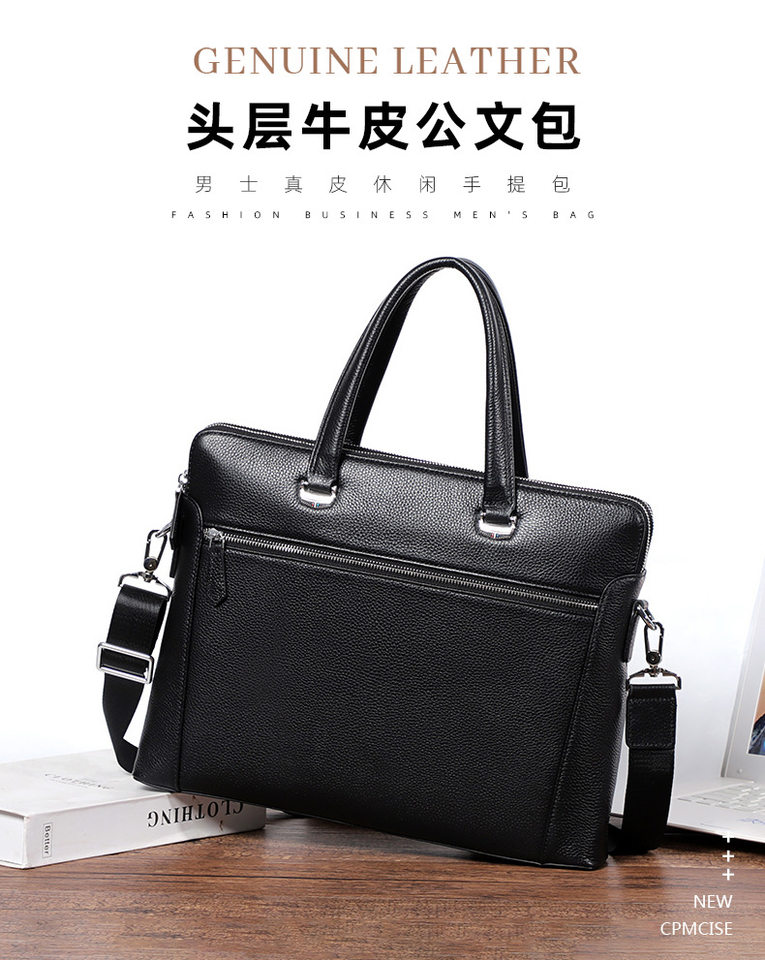 Cặp công sở mỏng da bò thật hai dây kéo, túi xách tay đeo chéo vai cho nam, đựng laptop 14 inch, 38,5×6×28 cm — Màu đen chi tiết 2