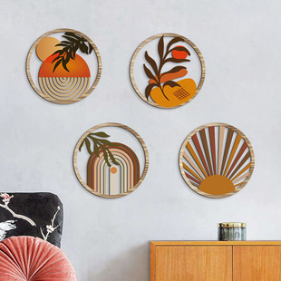Cross-Border Hot Selling Bohemian Style Cut Out Wall Decoration Round 4-Piece Set of Wooden Crafts Hanging Decorations