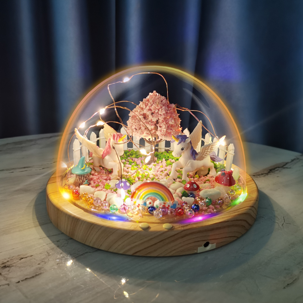 創意DIY小夜燈獨角獸恐龍主題半圓罩微景觀跨境DIY獨角獸音樂