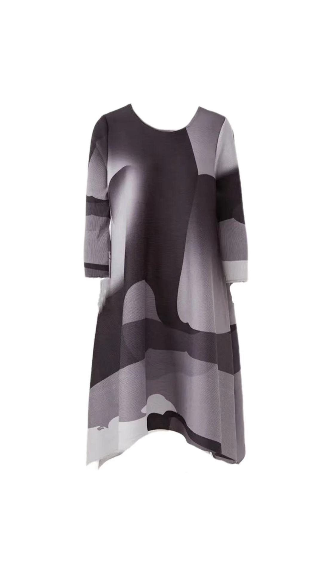 Robe ample à manches longues et col rond plissée pour femme_voghion.com