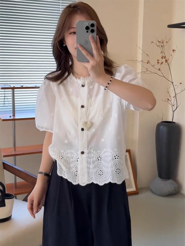 フレンチ中空半袖シャツレディース薄手2025新作夏韓国風刺繍高級小柄トップス|undefined
