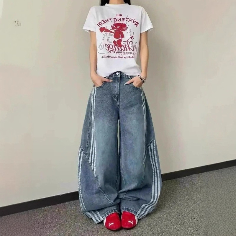 American Retro Washed Deconstructed Scimitar Jeans with Wide-Leg Design, Three-Stripe Splicing, Loose Floor-Length Pants, Trendy