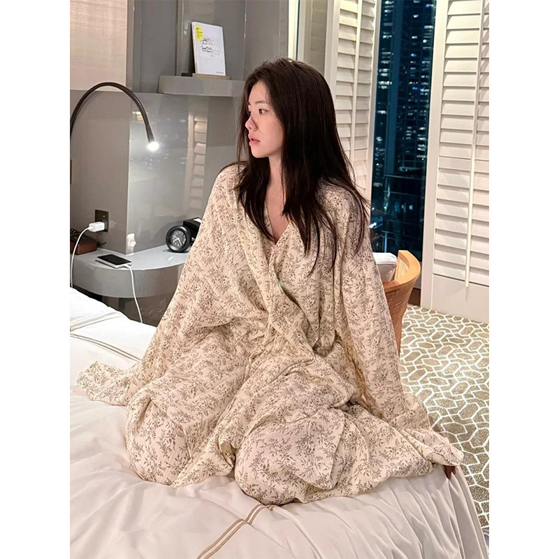 法式慵懒风温柔碎花棉纱睡衣女春秋季新款大码长袖长裤家居服套装|undefined