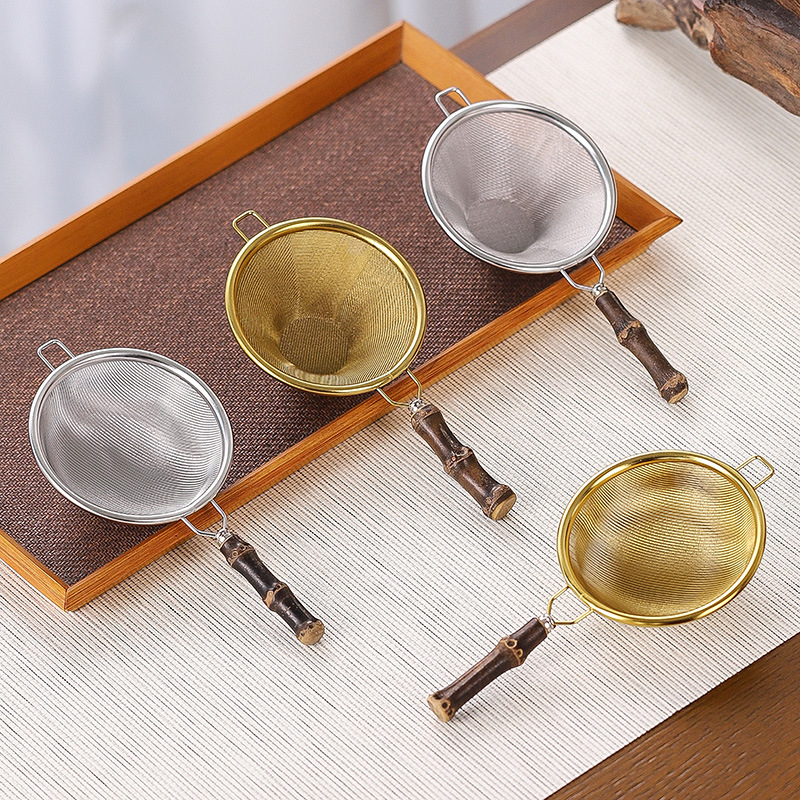 Stainless steel tea drain tea net tea filter creative purple bamboo handle Japanese tea filter Kung Fu tea set accessories wholesale