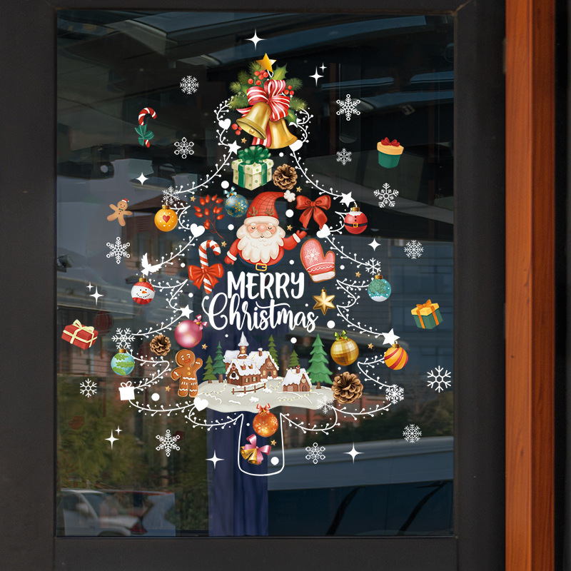 カラフルなクリスマスツリー、白い吊り下げライト、窓用ウォールステッカー、クリスマスツリー、雪の結晶、クッキー、キャンディー、サンタクロースのウォールステッカー、静電窓飾り|undefined