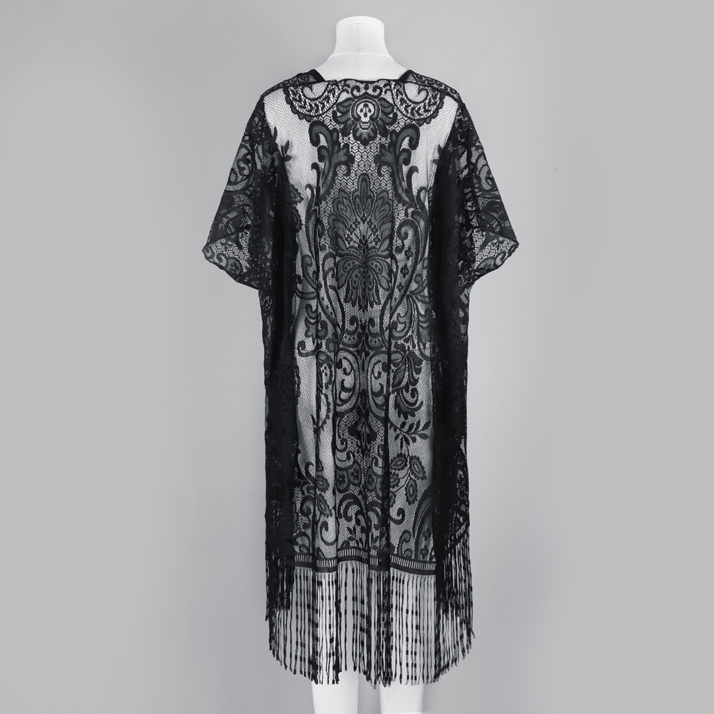 Camisas de playa de encaje de bordas de estilo europeo y americano sexy blusa de bikini de verano mediano y largo cardigan agujerado protector solar para mujeres