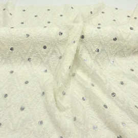 米白色菱形纹格子金属刺绣亮片点点时装面料F春夏连衣裙服装布料A