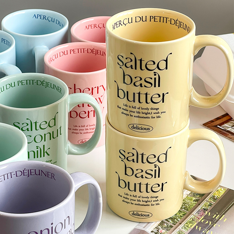 ins风英文马克杯五色系列杯子奶油风彩色陶瓷杯办公室个性喝水杯